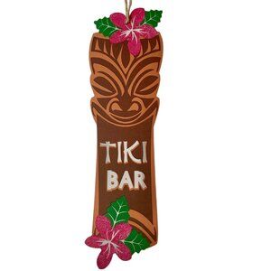 TIKI BAR Wood Sign Luau Aloha Hawaiian Hibiscus Flowers Wall Door Island Decor